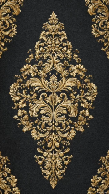 Designer luxury wallpaper effect applied to vertical frame with ornate damask pattern in gold on matte black canvas.