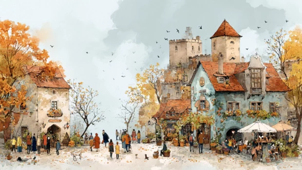 Detailed Fall vibes in a vintage village with people enjoying the crisp autumn air, watercolor illustration.