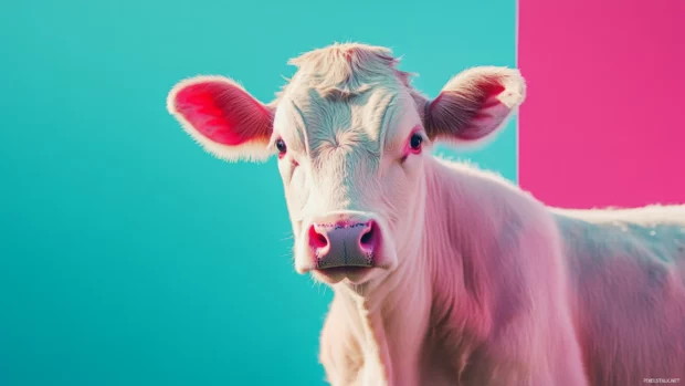 Develop a refreshing desktop theme by framing vibrant pink cow pattern against minimalist color fields.