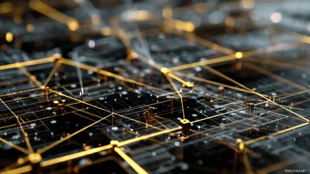 Digital Geometric circuit inspired lines creating a futuristic network pattern.