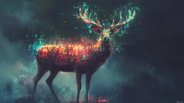 Digital art deer wallpaper of a stylized deer with pixel fragments dissolving from its antlers.