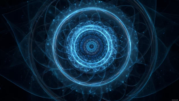 Digital art of Blue Geometric circles rotating inward with depth and glowing outlines.