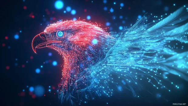 Digital eagle wallpaper with stylized feathers formed by code patterns and glowing circuits.