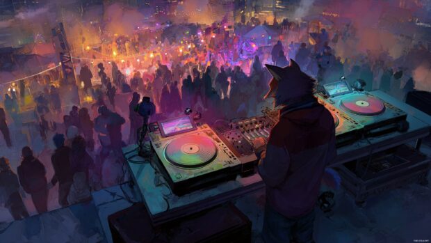 Digital painting of a Cool Fox DJing at a rooftop party, glowing turntables, colorful crowd lights, energetic atmosphere.