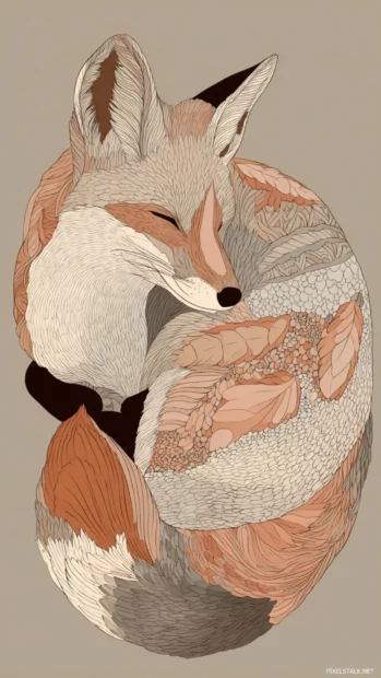 Digital sketch of a curled up Fox with stylized fur patterns, minimalist style with gentle earth tones, quiet and elegant.
