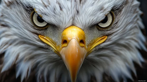 Dramatic close up of Bald Eagle eyes with storm clouds in background.