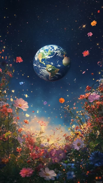 Dreamy scene with Earth floating above flowers and stars.