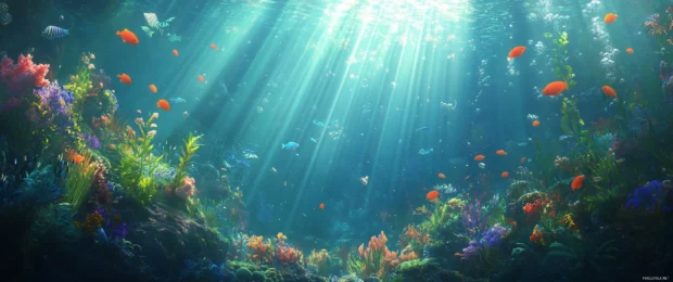 Dreamy underwater scene with rays of light filtering through, full of colorful fish, wallpaper 3440x1440 ultra wide.