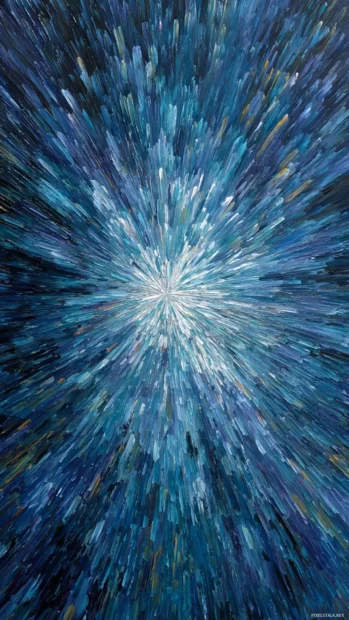 Dynamic burst of Blue Geometric rays from the bottom of the canvas, creating vertical motion.