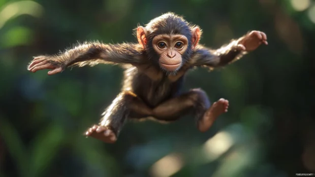 Dynamic pose of a cool monkey mid jump sporting a confident grin.