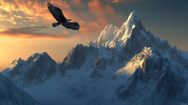 Eagle and mountain peak aligned in a moment of perfect symmetry.