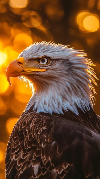 Eagle close up iPhone wallpaper with sharp eyes, curved beak, and warm backlighting from the setting sun.