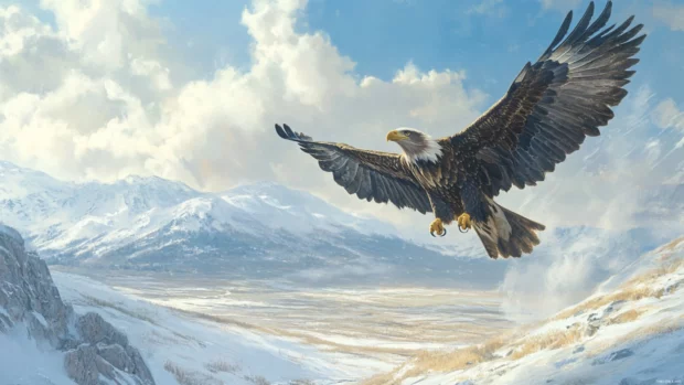 Eagle defending its nest from a distance in a windswept tundra.