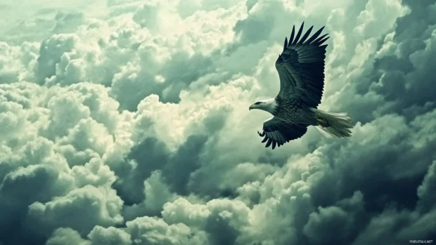 Eagle diving through the clouds in a powerful motion.