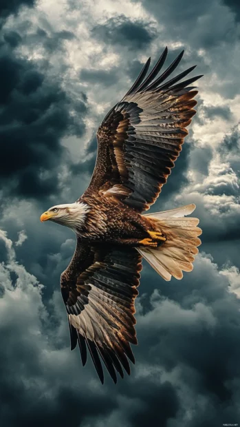 Eagle diving vertically through stormy skies.