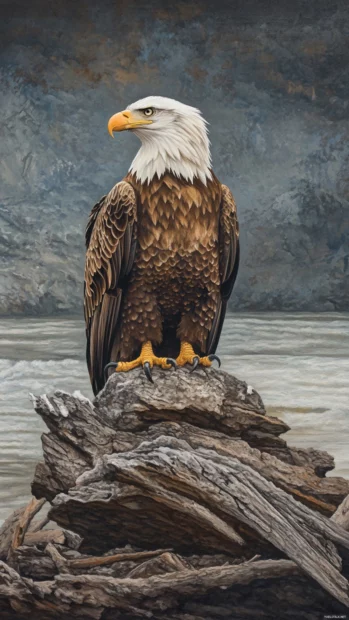 Eagle eyes scan the riverbanks from a rocky perch.