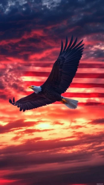 Eagle iPhone wallpaper with the eagle soaring past the waving American flag at dawn.