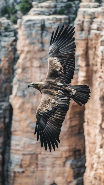 Eagle in profile soaring along the length of a canyon wall.