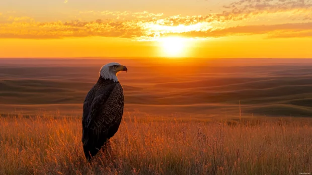 Eagle in the foreground of a wide open prairie during sunrise.