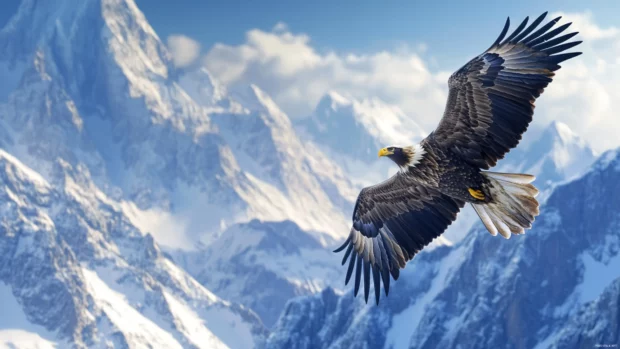Eagle mountain wallpaper 4K where the eagle hovers above a snow.