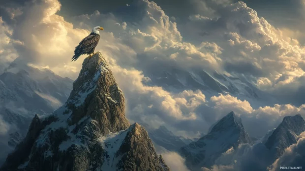 Eagle mountain wallpaper portraying a lone eagle perched on a crag under dramatic clouds.