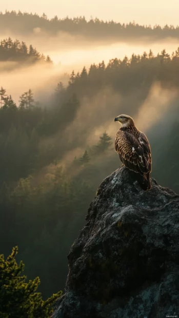 Eagle perched gracefully on a cliff edge overlooking a misty forest at sunrise.