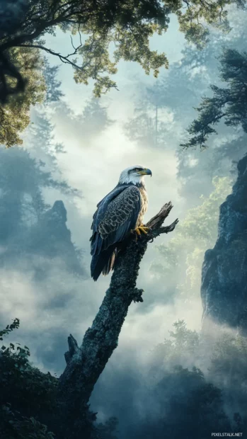 Eagle resting on a tall branch in a misty forest.