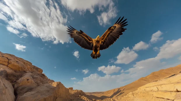 Eagle seen from below as it circles above desert terrain.