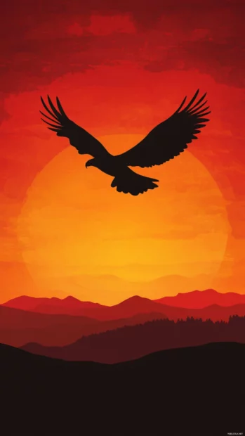 Eagle silhouette iPhone wallpaper depicting the eagle flying across a deep orange sunset above quiet hills.