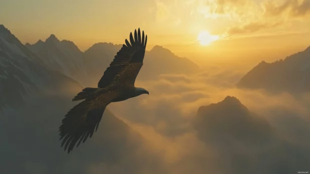Eagle soaring above misty mountains at sunrise, ultra realistic wildlife scene.