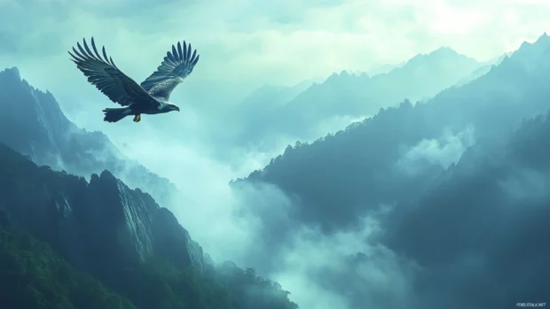 Eagle soaring high over a misty mountain range.