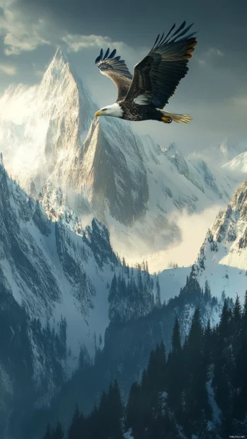 Eagle soaring vertically across a mountain pass.