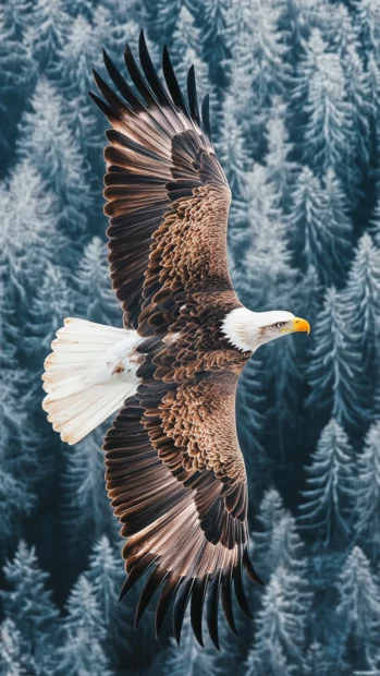 Eagle wallpaper 4K for iPhone showing a soaring eagle above pine forests under a clear sky.