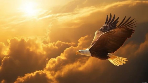Eagle wallpaper 4K showing a fierce bald eagle flying through golden clouds at sunrise.