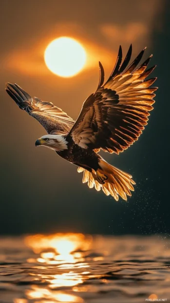 Eagle wallpaper 4K with a bird diving toward water, sun reflecting off the surface.