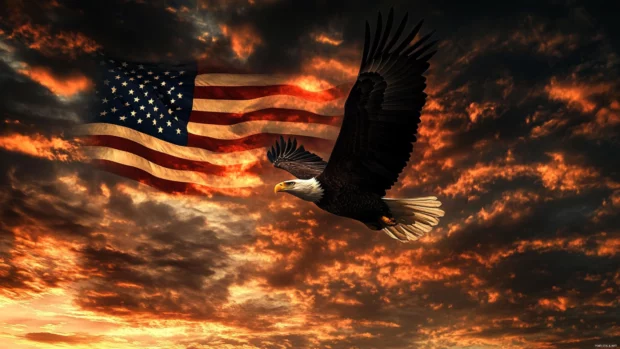 Eagle wallpaper 4K with the eagle soaring past the American flag under a dramatic sky.