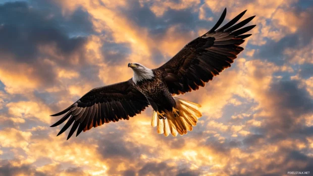 Eagle wingspan captured mid flap with dramatic sky behind.