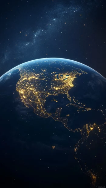 Earth at night wallpaper with continents outlined by golden lights under a deep navy sky.