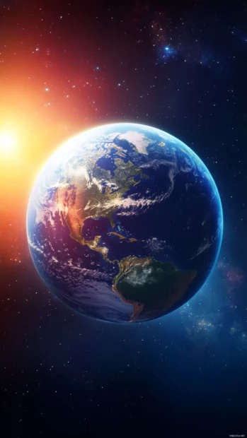 Earth day wallpaper with bright vibrant colors and a shining sun illuminating the northern hemisphere.