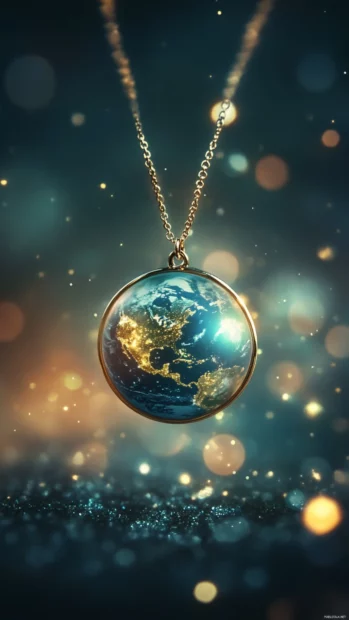 Earth displayed as a glowing pendant surrounded by dreamy sparkles.