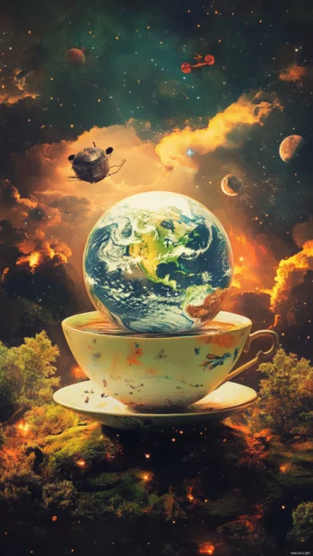 Earth emerging from a cup of tea in a surreal, cozy atmosphere.