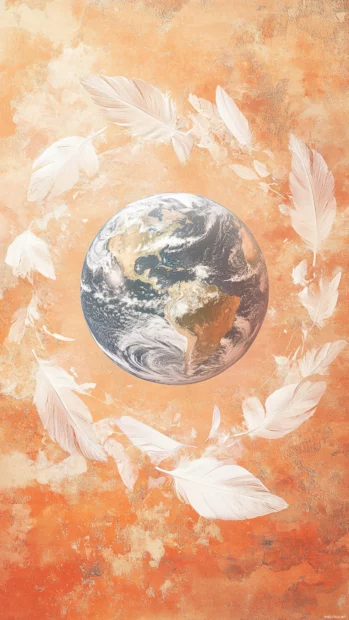 Earth encircled by delicate feathers on a cloudy peach colored background.