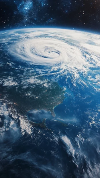 Earth from satellite wallpaper with crystal clear resolution of land masses and swirling storms.