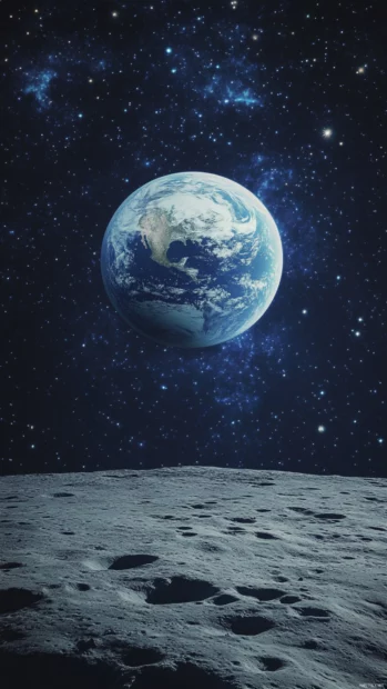 Earth from space iPhone wallpaper showing the full planet floating above the moons horizon.