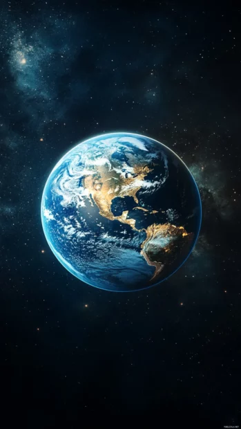 Earth globe wallpaper for iPhone with a glowing planet floating in the blackness of space.