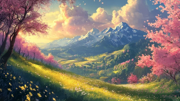 Earth in springtime colors with blossoming trees and gentle landscapes.