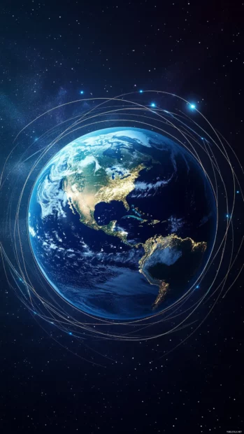 Earth live wallpaper iPhone style where motion trails follow orbiting satellites around the globe.