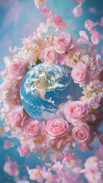Earth nestled in a wreath of soft pastel roses floating in the cosmos.