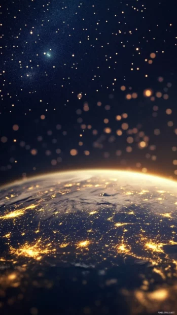 Earth night view iPhone wallpaper with golden lights outlining the continents beneath a starry sky.
