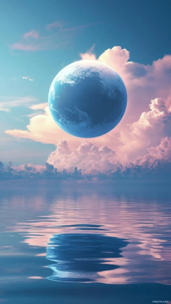 Earth rising above a calm blue ocean with soft pastel clouds in the background.